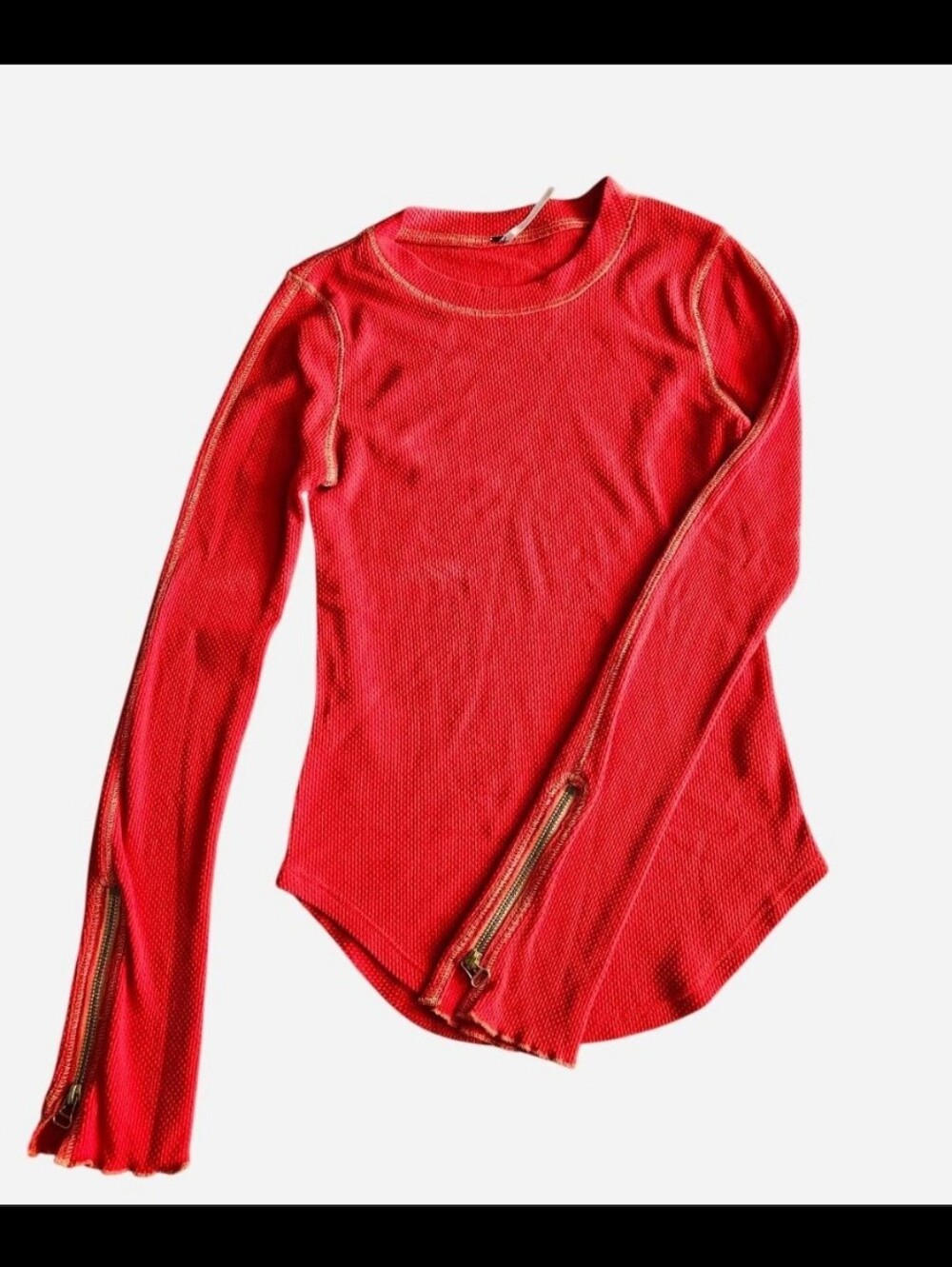 Free People Red Orange Long-Sleeve Zip Thermal Crew Top